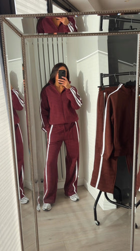 Libby stripe detail jogger and jacket set - wine