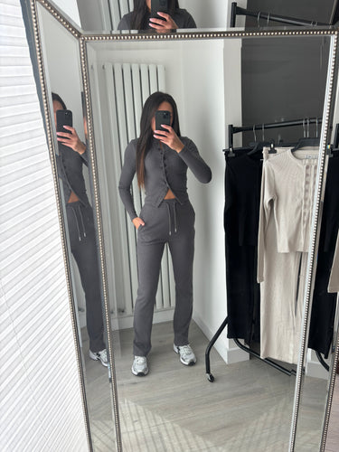 Mabel ribbed long sleeve button up detail top and wide leg trouser set - dark grey