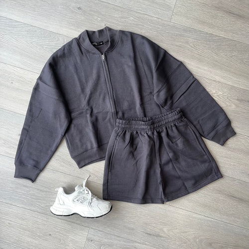 Talia zip jacket and shorts jogger set - charcoal