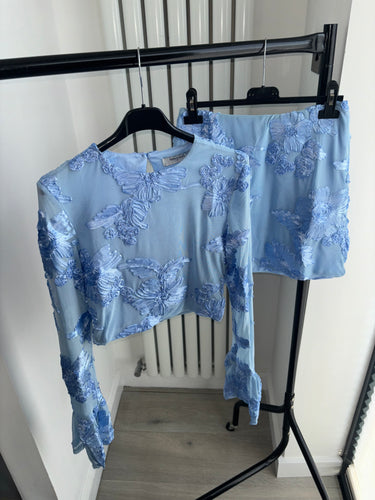 Brooke floral lace lined top and skirt set - blue