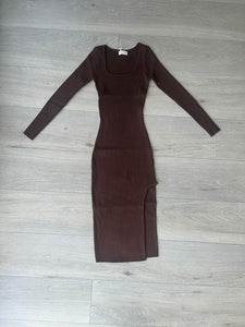 Jemma long sleeve thigh split knit dress - chocolate brown