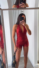 Load image into Gallery viewer, Danika sequin embellished top and lace trim short set - red