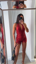 Load image into Gallery viewer, Danika sequin embellished top and lace trim short set - red