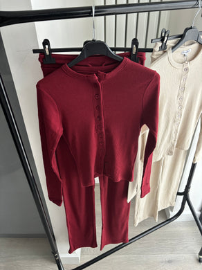 Mabel ribbed long sleeve button up detail top and wide leg trouser set - wine