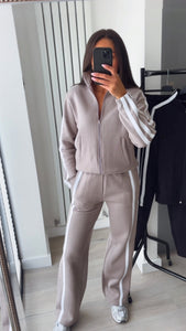 Libby stripe detail jogger and jacket set - taupe