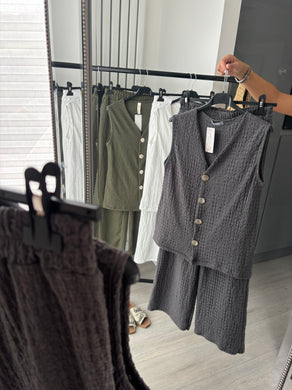 Daria gold button front waistcoat and trouser set - charcoal grey