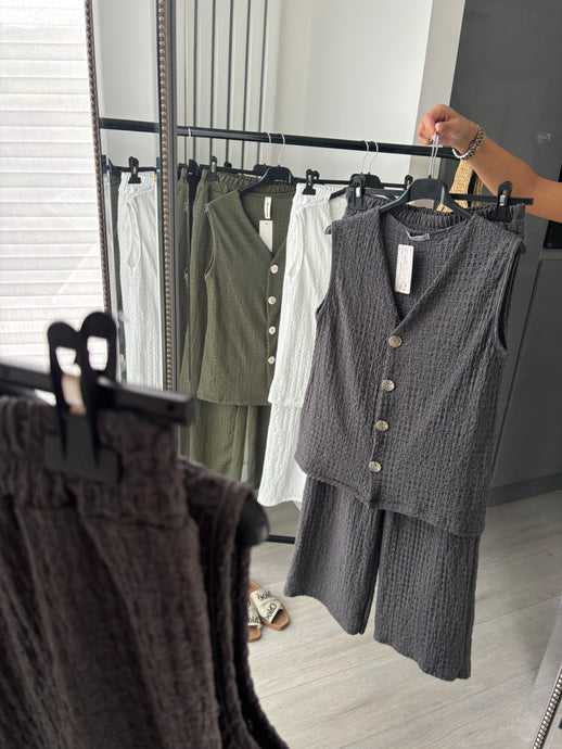 Daria gold button front waistcoat and trouser set - charcoal grey