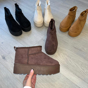 SALE Platform ultra low mini faux fur lined boots - chocolate