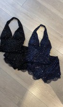 Load image into Gallery viewer, Danika sequin embellished top and lace trim short set - navy