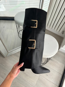 Cora folded buckle detail boots - black