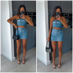 Kylie denim belt detail skirt and crop co-ord