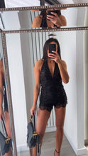Load image into Gallery viewer, Danika sequin embellished top and lace trim short set - black