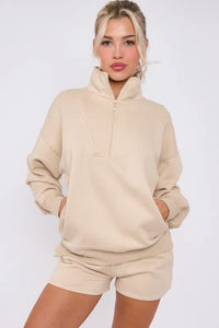 Anya quarter zip jumper and jogger shorts set - beige