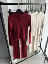 Load image into Gallery viewer, Mabel ribbed long sleeve button up detail top and wide leg trouser set - wine