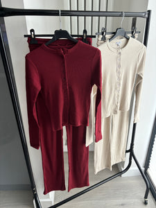 Mabel ribbed long sleeve button up detail top and wide leg trouser set - wine
