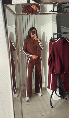 Libby stripe detail jogger and jacket set - chocolate