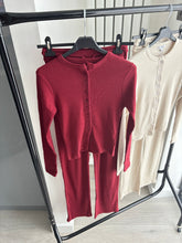 Load image into Gallery viewer, Mabel ribbed long sleeve button up detail top and wide leg trouser set - wine