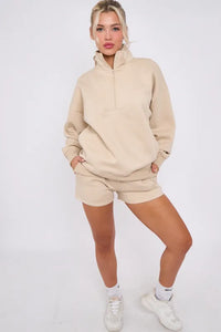 Anya quarter zip jumper and jogger shorts set - beige