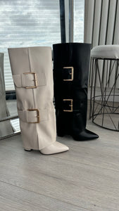 Cora folded buckle detail boots - beige