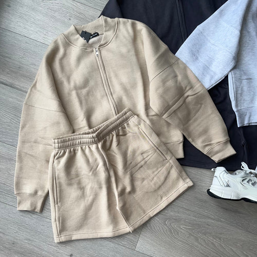 Talia zip jacket and shorts jogger set - beige