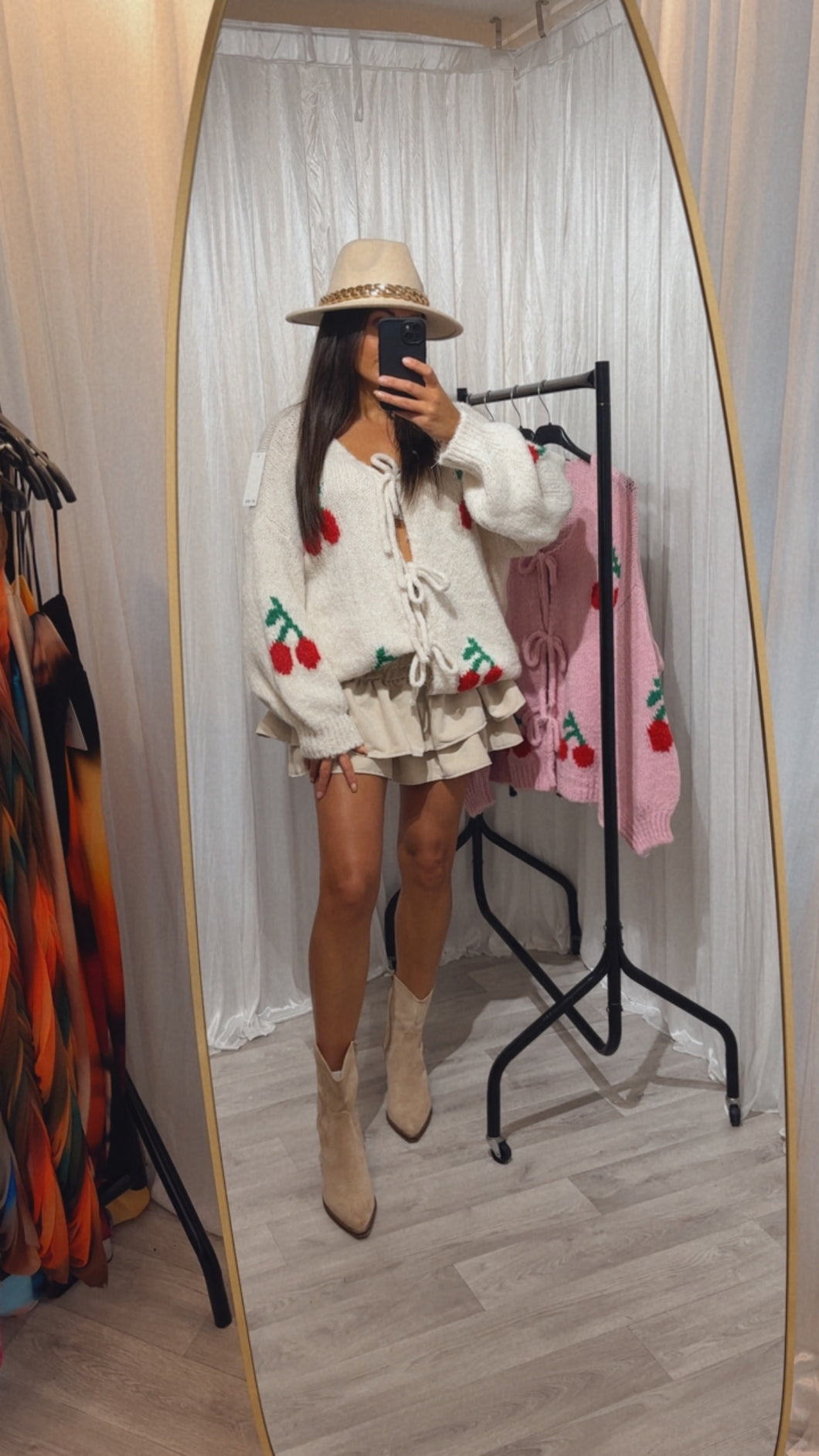 Cherry knit tie front cardigan - beige