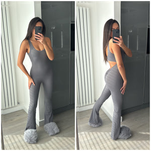 Khloe ruched bum cut out back flare leg jumpsuit - grey