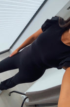 Load image into Gallery viewer, Naomi ribbed frill shoulder detail top and trouser set - black