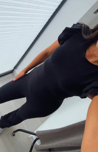 Naomi ribbed frill shoulder detail top and trouser set - black