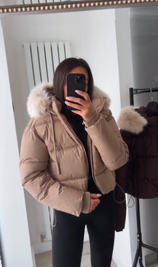 Melanie puffer coat with faux fur hood - tan