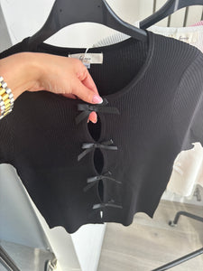 Georgie bow front cut out detail ribbed knit top - black