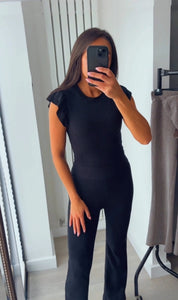 Naomi ribbed frill shoulder detail top and trouser set - black
