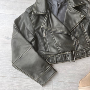Sophie faux leather look cropped biker jacket - khaki