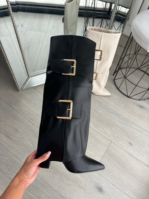 Cora folded buckle detail boots - black