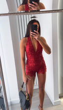 Load image into Gallery viewer, Danika sequin embellished top and lace trim short set - red