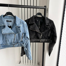 Load image into Gallery viewer, Marley cropped denim jacket with buckle belt detail