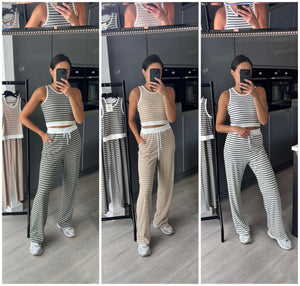 Enya striped straight leg trouser and crop top set - khaki