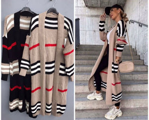 Longline stripe knit cardigan - black