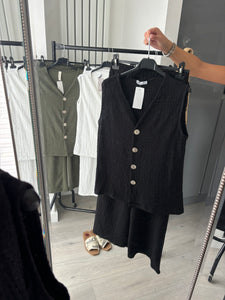 Daria gold button front waistcoat and trouser set - black
