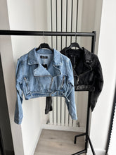 Load image into Gallery viewer, Marley cropped denim jacket with buckle belt detail