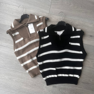 SALE Nina zip neck striped sleeveless jumper - black with white stripe