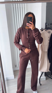Chloe cinch waist long sleeve top and jogger set - chocolate brown