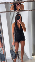 Load image into Gallery viewer, Danika sequin embellished top and lace trim short set - black