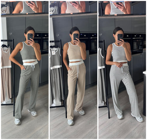 Enya striped straight leg trouser and crop top set - white