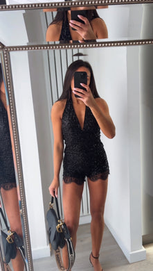 Danika sequin embellished top and lace trim short set - black