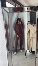 Load image into Gallery viewer, Mabel ribbed long sleeve button up detail top and trouser set - chocolate