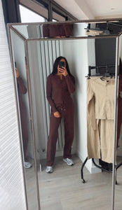 Mabel ribbed long sleeve button up detail top and trouser set - chocolate