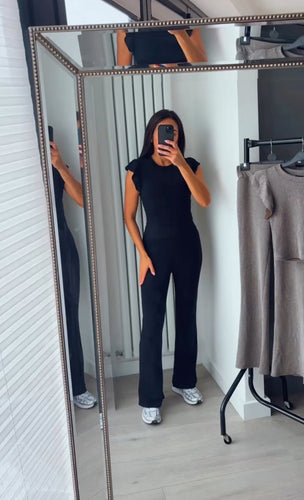 Naomi ribbed frill shoulder detail top and trouser set - black
