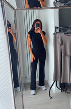 Load image into Gallery viewer, Naomi ribbed frill shoulder detail top and trouser set - black