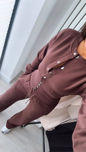 Chloe cinch waist long sleeve top and jogger set - chocolate brown