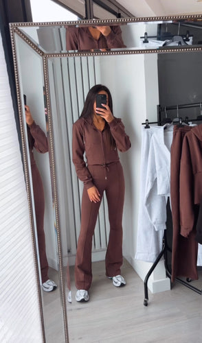Erica flare leg tracksuit jacket loungewear set - chocolate brown